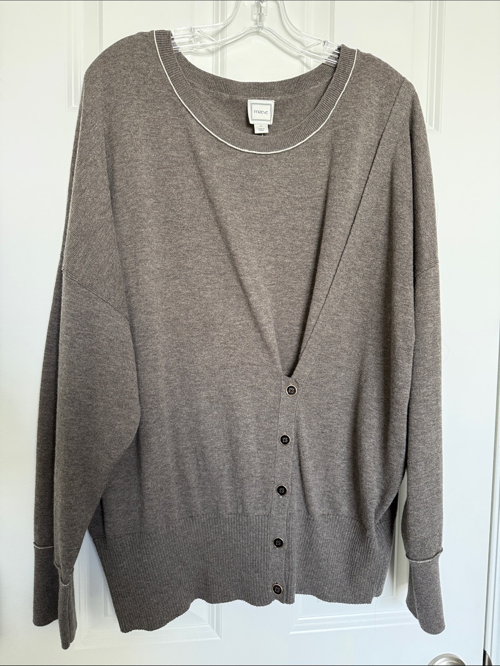 Maeve Taupe Button-Front Crewneck Sweater